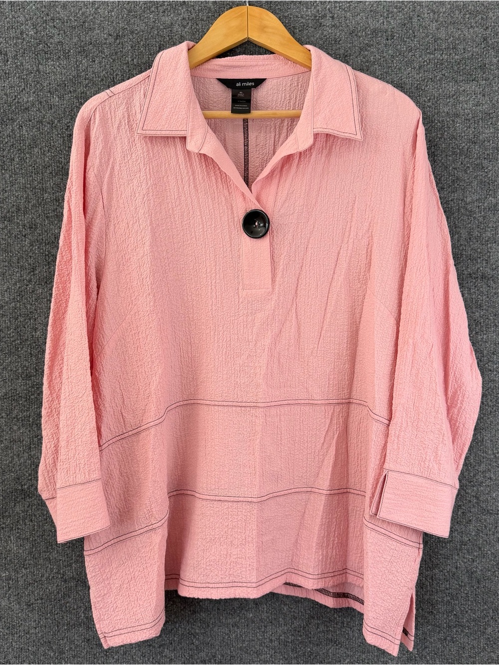 Ali Miles Womens Tunic Top Size XL Pink Black Long Sleeve Collared Casual